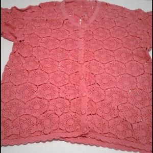 Vintage Salmon Hand-Crochet Floral Granny Core Short Sleeve Buttoned Cardigan